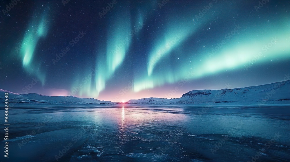 Stunning northern lights over an icy landscape perfect for celestial and winter-themed wallpaper designs Stunning northern lights over an icy landscape perfect for celestial and winter-themed wallpaper designs