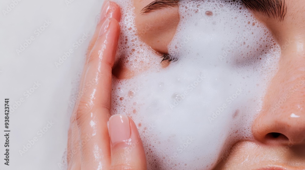 Fototapeta premium Facial foam being rinsed off with warm water, cleansing routine, soft and clean