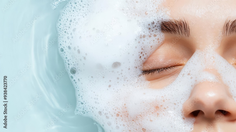 Facial foam being rinsed off with warm water, cleansing routine, soft and clean Facial foam being rinsed off with warm water, cleansing routine, soft and clean
