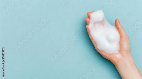 Facial foam being dispensed into the hand, beauty routine, smooth and creamy photo