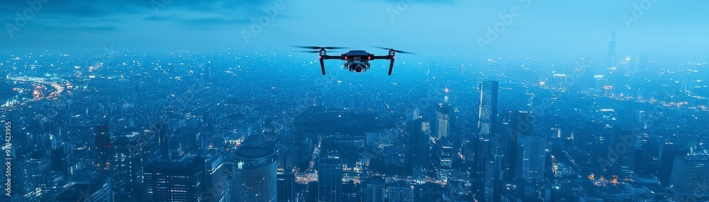 Drone flying over a city at dusk with a blurred skyline in the background. Drone flying over a city at dusk with a blurred skyline in the background.