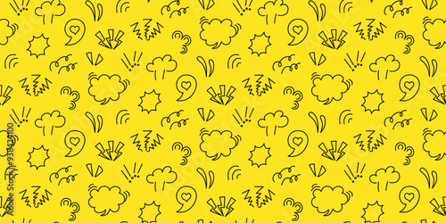 Minimalist seamless pattern in 90s comic style. Speech bubbles, exclamation marks, lightning bolts, accent lines and abstract shapes in black outline on yellow background. For textile, wallpaper.