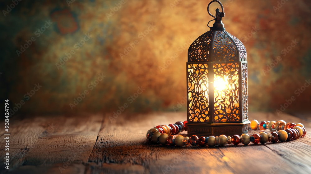 The lantern, adorned with intricate patterns and warm, glowing light, serves as a focal point, casting a soft, inviting ambiance. The prayer beads, delicately draped alongside the lantern, 
