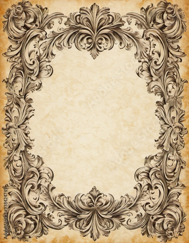 Crafted vintage scroll design, floral borders. Background showcases textured, aged paper appearance lending classic timeless feel. Invitation, announcement or decorative stationery. AI. Rococo baroque