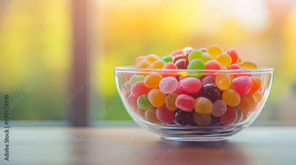 colorful jelly beans in glass bowl on wooden table with warm sunlight background colorful jelly beans in glass bowl on wooden table with warm sunlight background