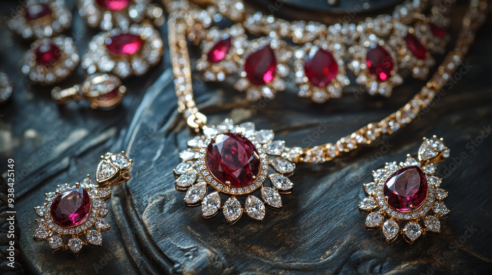“An elegant jewelry set featuring gemstones, presented in a product still life concept. The collage includes a ring, necklace, and earrings, showcasing the intricate designs and luxurious materials. 
