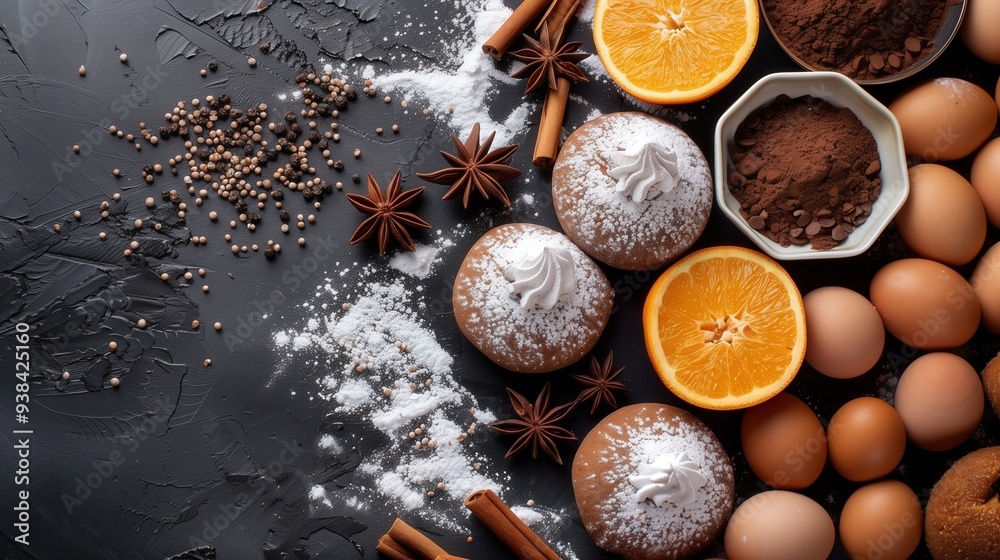Baking ingredients on dark background with eggs, flour, cocoa, and cinnamon. holiday recipes Baking ingredients on dark background with eggs, flour, cocoa, and cinnamon. holiday recipes