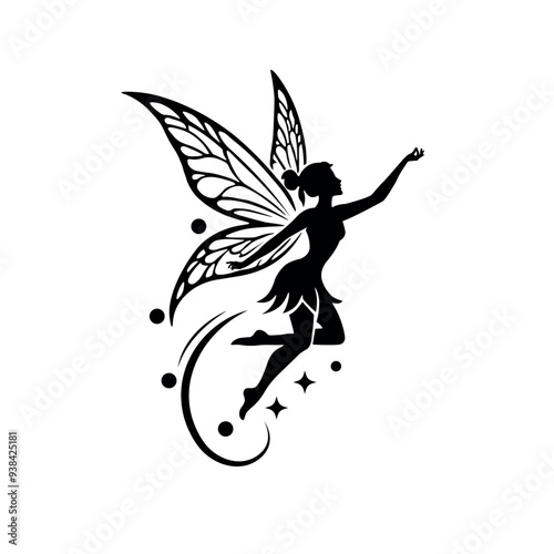 Black Silhouette Fairy Logo with Wings, Magical Fairy Silhouette Design for Branding, Elegant Black Fairy Logo with Stars and Wings
