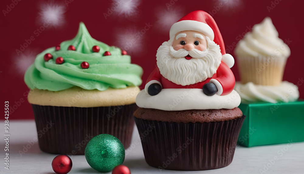 santa claus decorated cupcake in a christmas themed background santa claus decorated cupcake in a christmas themed background
