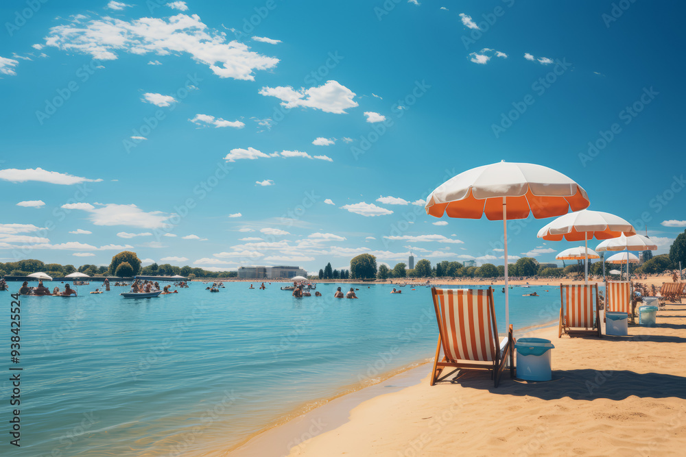 Fototapeta premium A group of people enjoying a beach day. Concept of relaxation and nature. Generative Ai.