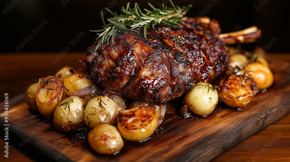 Elegancko podane danie z aromatycznym, pieczonym udźcem jagnięcym, ozdobionym gałązkami rozmarynu, w towarzystwie pieczonych młodych ziemniaków i cebuli na drewnianej tacy.