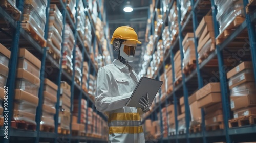 Robot worker in a warehouse is working with a tablet.