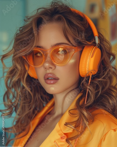 Portrait of a Brazilian woman, wearing high-end orange fashion sunglasses, clear frames and pink tint lenses, her hair is curly and brown, wearing futuristic headphones