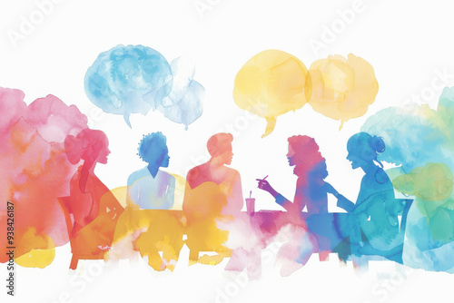 Colorful watercolor silhouettes of people engaged in conversation with speech bubbles, perfect for discussion and collaboration themes.