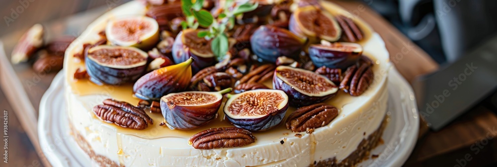 Autumn Cheesecake Garnished with Figs, Pecans, and a Maple Syrup Drizzle Autumn Cheesecake Garnished with Figs, Pecans, and a Maple Syrup Drizzle