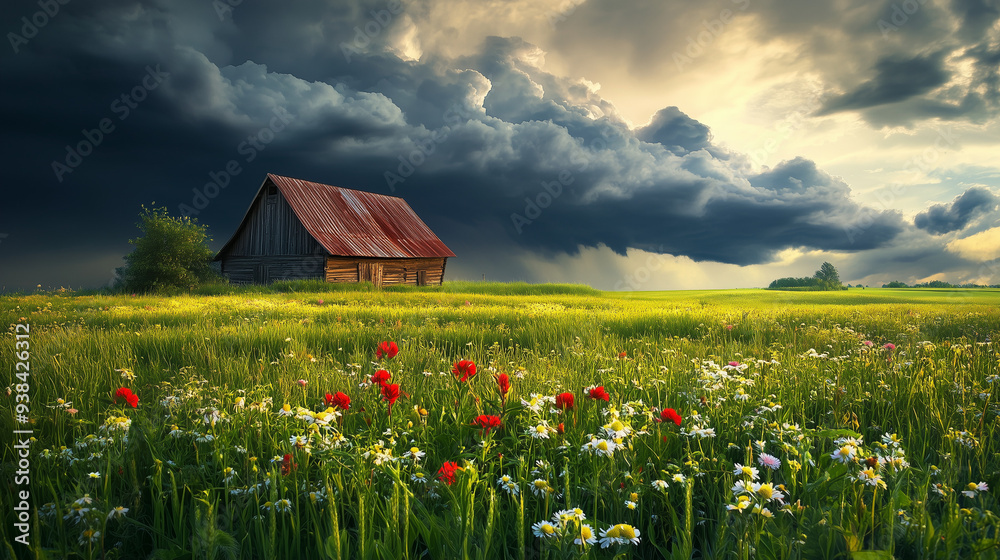 Fototapeta premium Sielski krajobraz wiejski z rustykalną stodołą, zielonymi polami i kwitnącymi dzikimi kwiatami, sfotografowany pod burzowym niebem