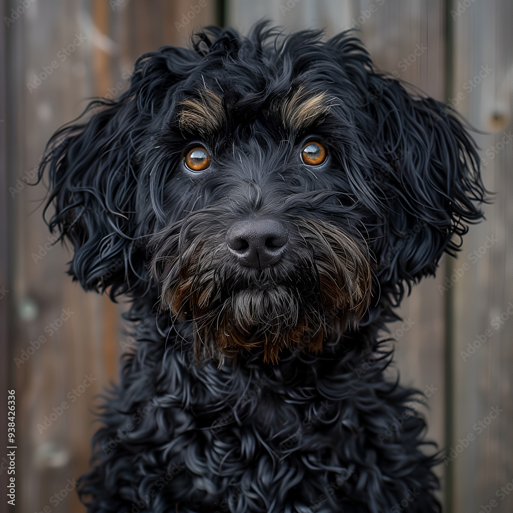 Black fur barbet dog on wooden wall background Black fur barbet dog on wooden wall background
