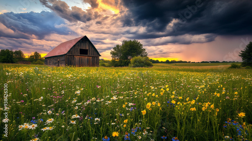 Sielski krajobraz wiejski z rustykalną stodołą, zielonymi polami i kwitnącymi dzikimi kwiatami, sfotografowany pod burzowym niebem © Sawyer0
