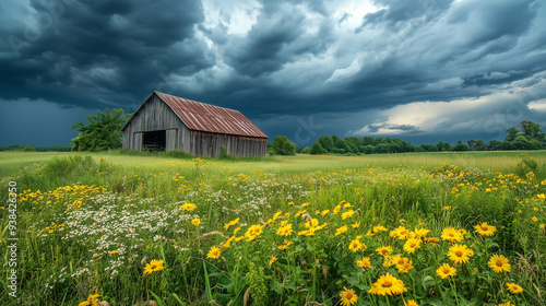 Sielski krajobraz wiejski z rustykalną stodołą, zielonymi polami i kwitnącymi dzikimi kwiatami, sfotografowany pod burzowym niebem © Sawyer0