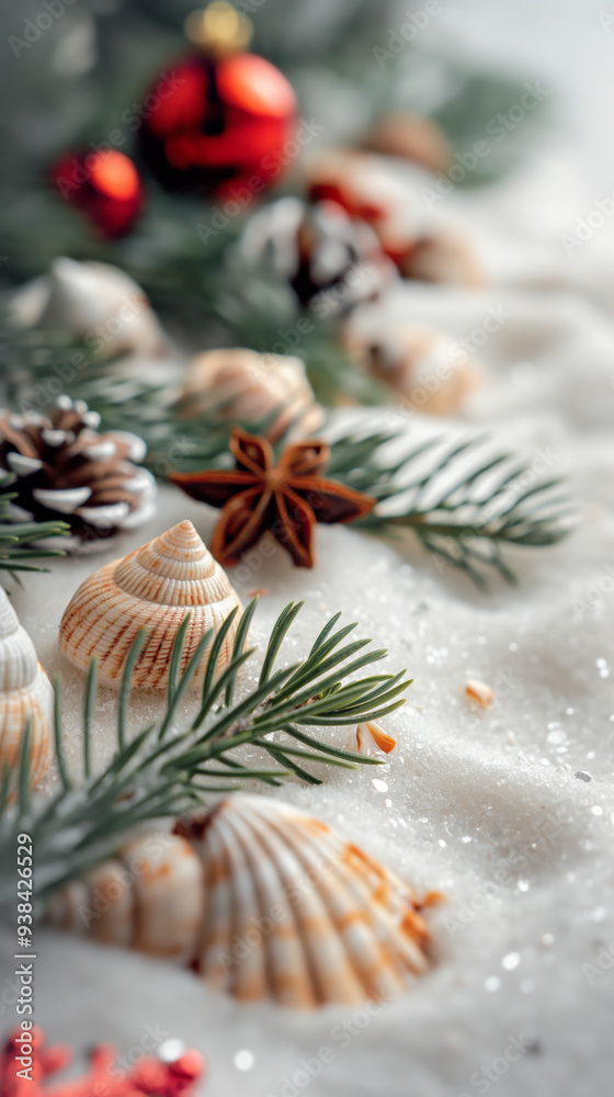 Seashells, pine branches, and star anise are arranged on a snowy surface with red ornaments in the background, merging coastal and holiday themes in a festive scene. Seashells, pine branches, and star anise are arranged on a snowy surface with red ornaments in the background, merging coastal and holiday themes in a festive scene.