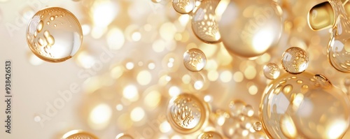 Abstract bubbles floating in a golden, effervescent space