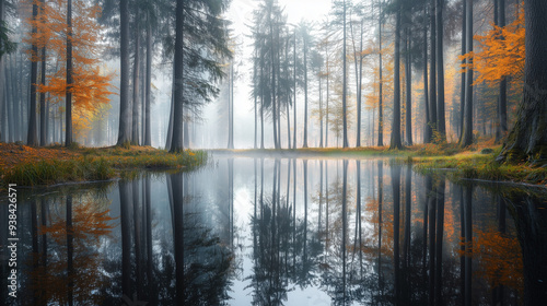 Urokliwy, spokojny widok na las z lustrzanym odbiciem w wodzie otoczonym wysokimi drzewami, w jesiennej porze, z delikatną mgłą tworzącą mistyczną atmosferę.