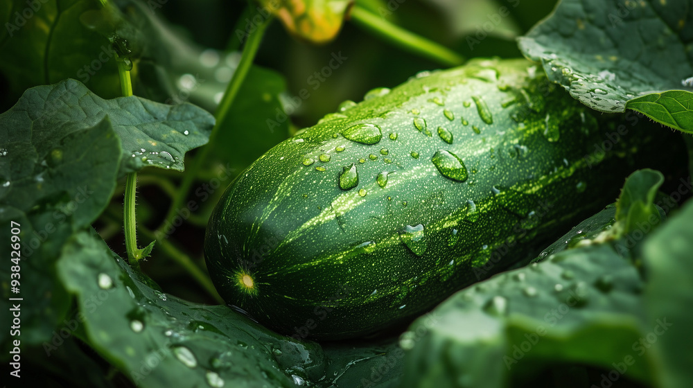 Obraz premium Świeży ogórek z kroplami wody, wkomponowany w zielone liście, symbolizujący naturalną świeżość i organiczne ogrodnictwo.