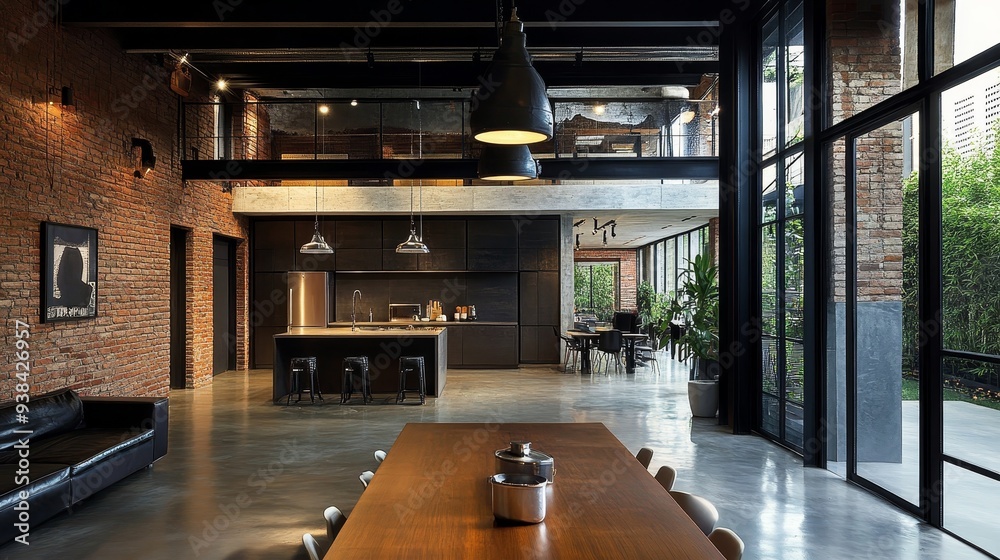 This modern industrial loft features exposed brick walls, metal ...