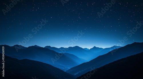 Minimalist night sky over silhouetted mountains with distant stars, cinematic style photography captures intricate details of natural landscape photo