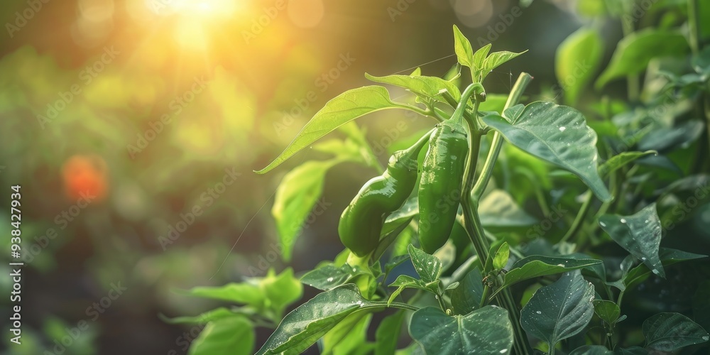 Organic green chili peppers thriving on a plant inside a greenhouse. Organic green chili peppers thriving on a plant inside a greenhouse.