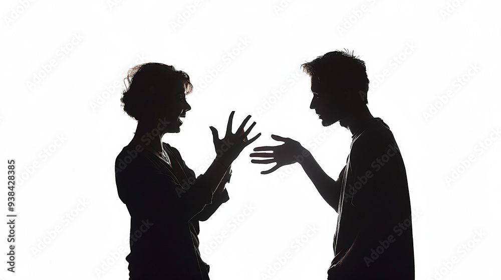 Realistic backlit silhouette photo clipart of a two people acting a scene together with expressive gestures, white background Realistic backlit silhouette photo clipart of a two people acting a scene together with expressive gestures, white background