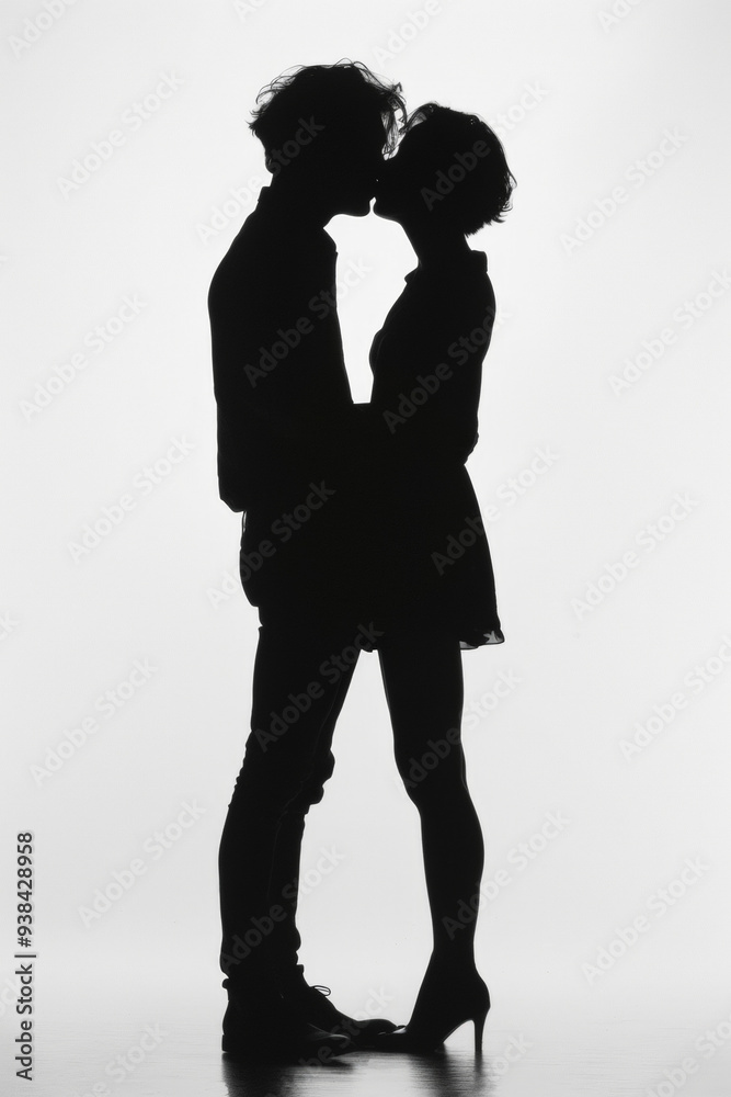 A silhouette of a couple kissing romantically in profile, the girl shorter, full body hight, white background A silhouette of a couple kissing romantically in profile, the girl shorter, full body hight, white background