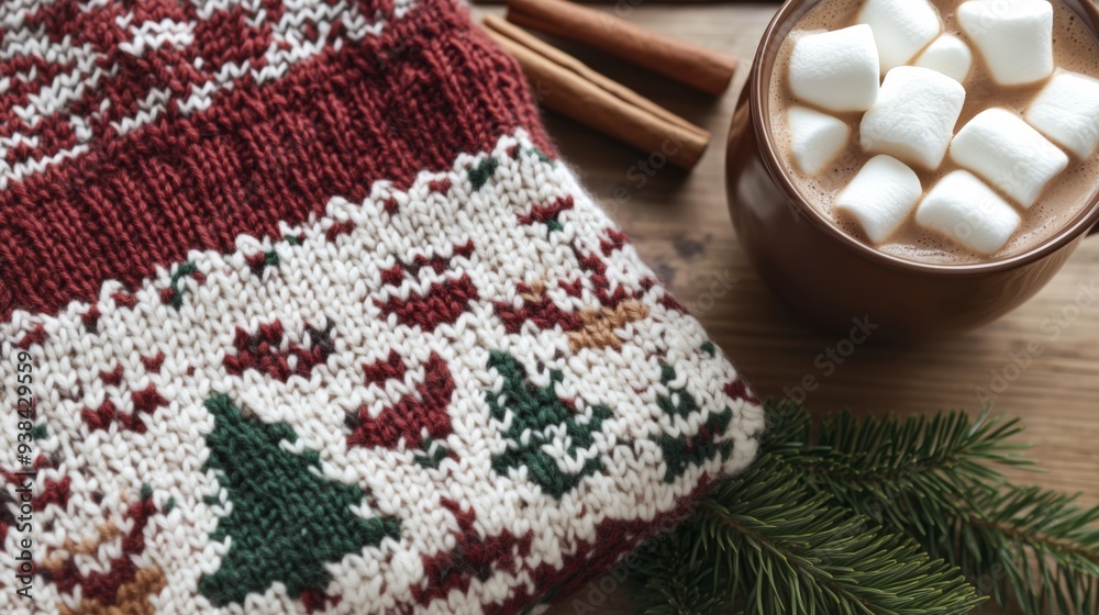 Fototapeta premium Cozy Christmas Sweater and Hot Cocoa with Marshmallows - A Festive Winter Scene