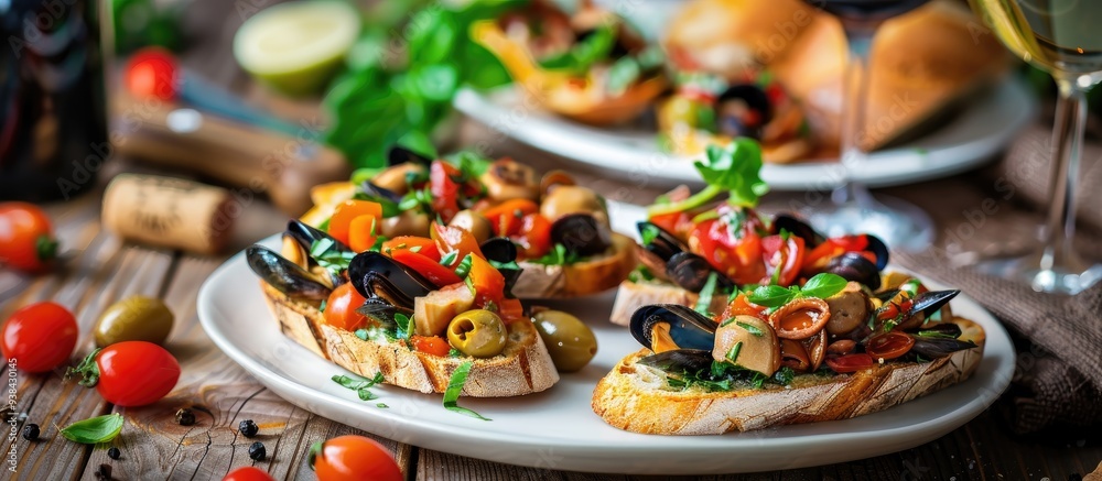Tasty Various Italian Sandwiches With Seafood Against Rustic Wooden Background Crostini With Cheese Mussels And Olives On White Plate Bread Herbs And Wine Close Up With Selective Focus Tasty Various Italian Sandwiches With Seafood Against Rustic Wooden Background Crostini With Cheese Mussels And Olives On White Plate Bread Herbs And Wine Close Up With Selective Focus