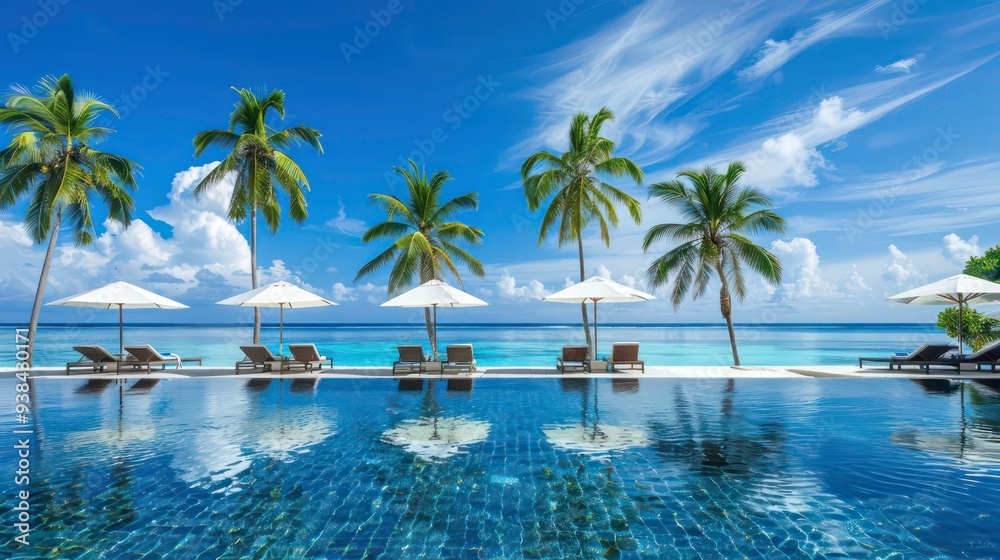 Tranquil poolside paradise with turquoise water, lounge chairs and palm trees under a blue sky. Tranquil poolside paradise with turquoise water, lounge chairs and palm trees under a blue sky.