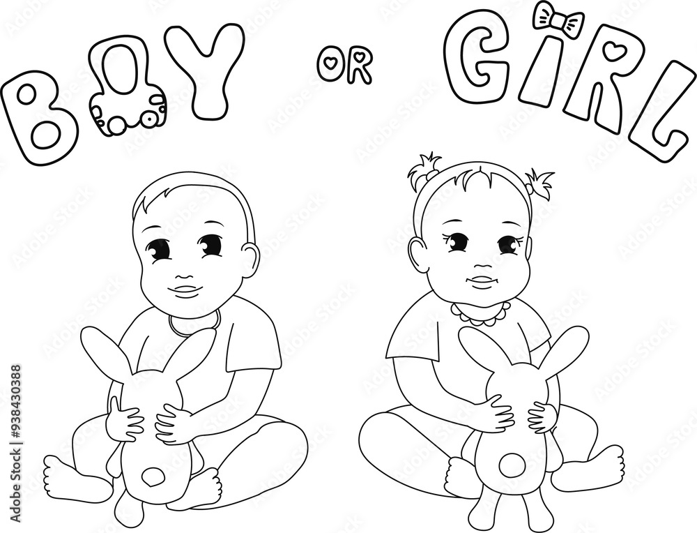 Baby boy and girl outline illustration. Hand drawn lettering of words BOY and GIRL. Isolated on white. Cute baby boy and girl with bunny toy. Design for gender party and baby shower. Baby boy and girl outline illustration. Hand drawn lettering of words BOY and GIRL. Isolated on white. Cute baby boy and girl with bunny toy. Design for gender party and baby shower.