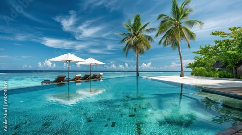 A clear blue infinity pool with loungers under white umbrellas overlooking a turquoise ocean with a white sand beach and palm trees.