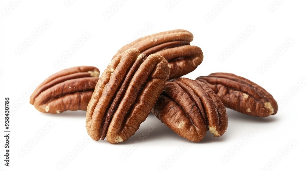 A group of four pecan nuts isolated on a white background. A group of four pecan nuts isolated on a white background.