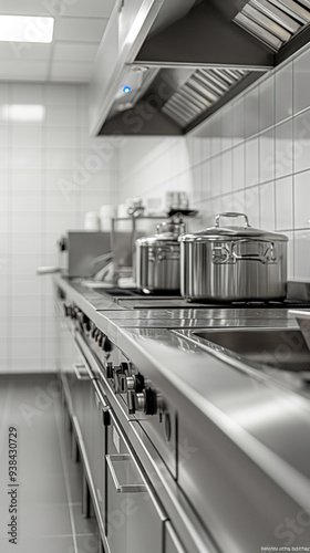 Close-up view of stainless steel pots and pans on a professional kitchen stove, showcasing the clean and efficient environment of a commercial kitchen. photo