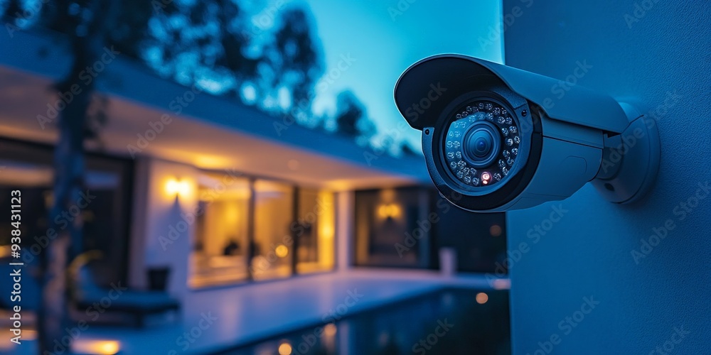 Advanced Home Security Camera Monitoring a Modern House at Night Advanced Home Security Camera Monitoring a Modern House at Night