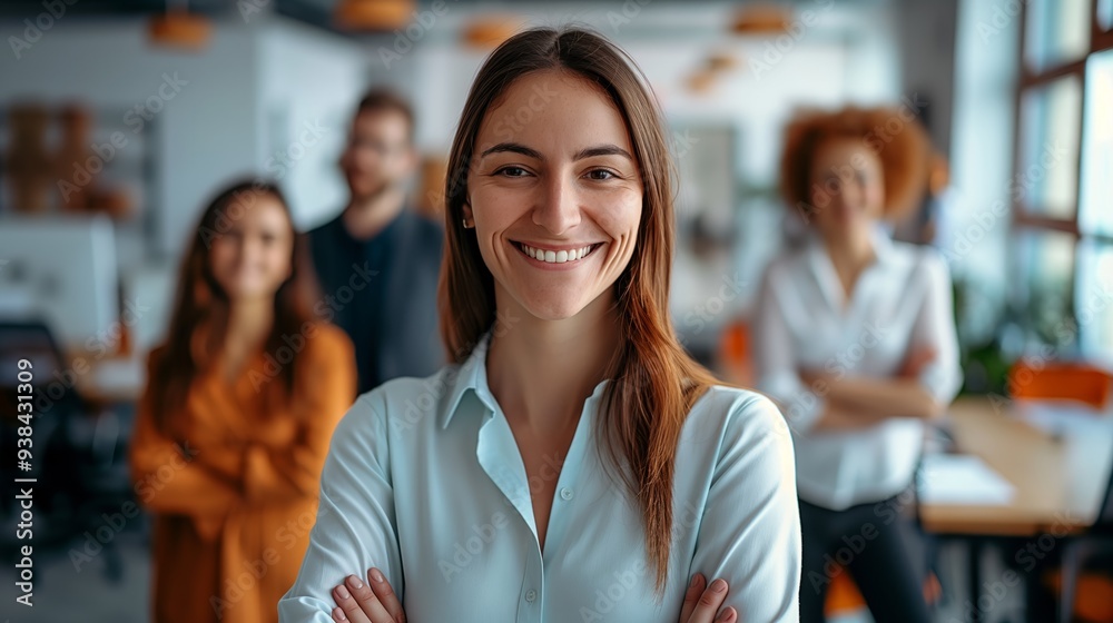 Smiling Business Woman in Office with Team