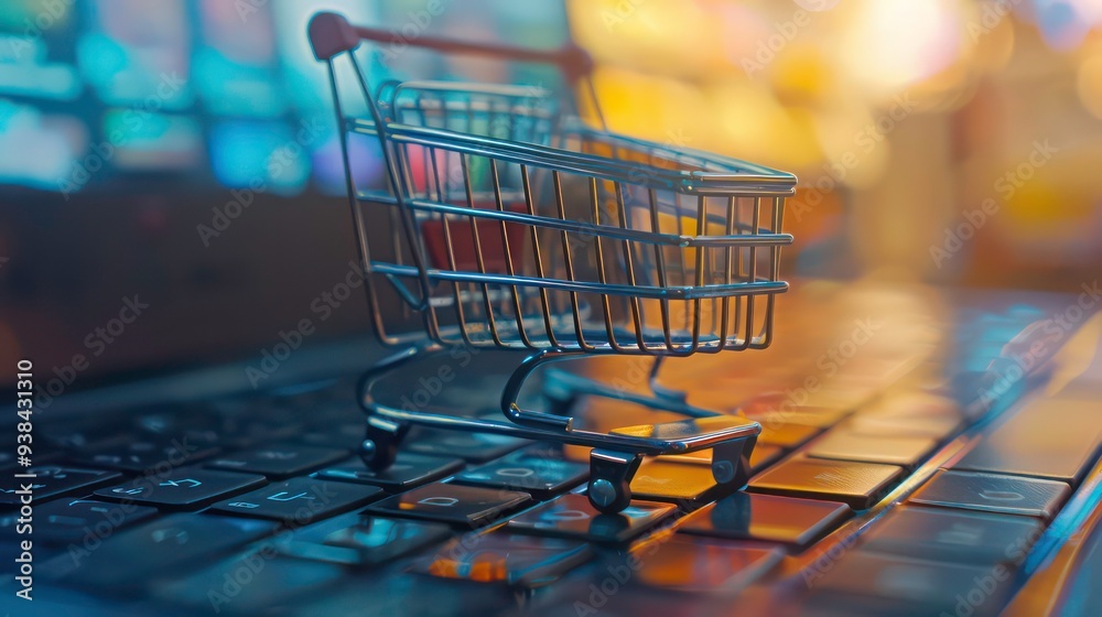 Miniature shopping cart on a laptop keyboard, concept of online shopping. Miniature shopping cart on a laptop keyboard, concept of online shopping.