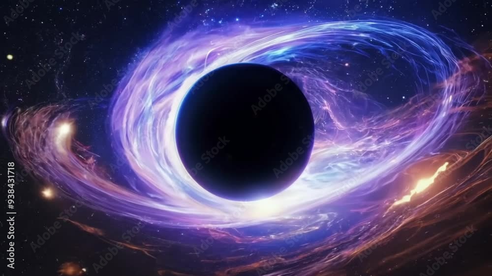 Vibrant depiction of a black hole surrounded by swirling gases and stars in deep space. Vibrant depiction of a black hole surrounded by swirling gases and stars in deep space.