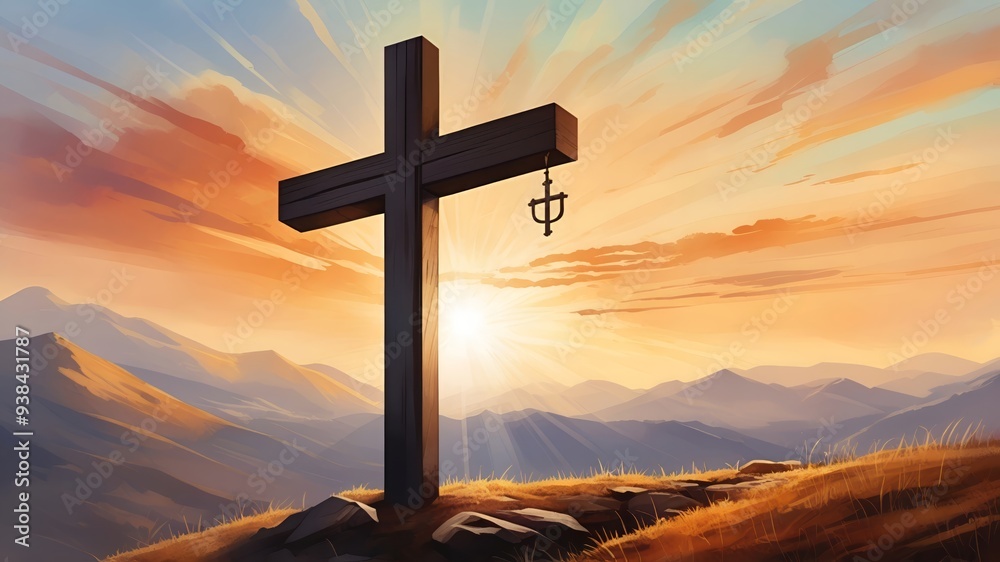 cross in the mountains at sunset painting cross in the mountains at sunset painting
