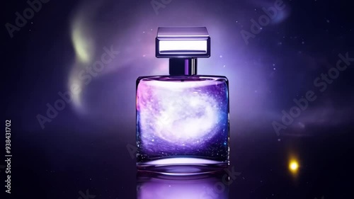 Stylish perfume bottle illuminated by a cosmic glow, set against a nebula backdrop, radiating luxury and elegance.
