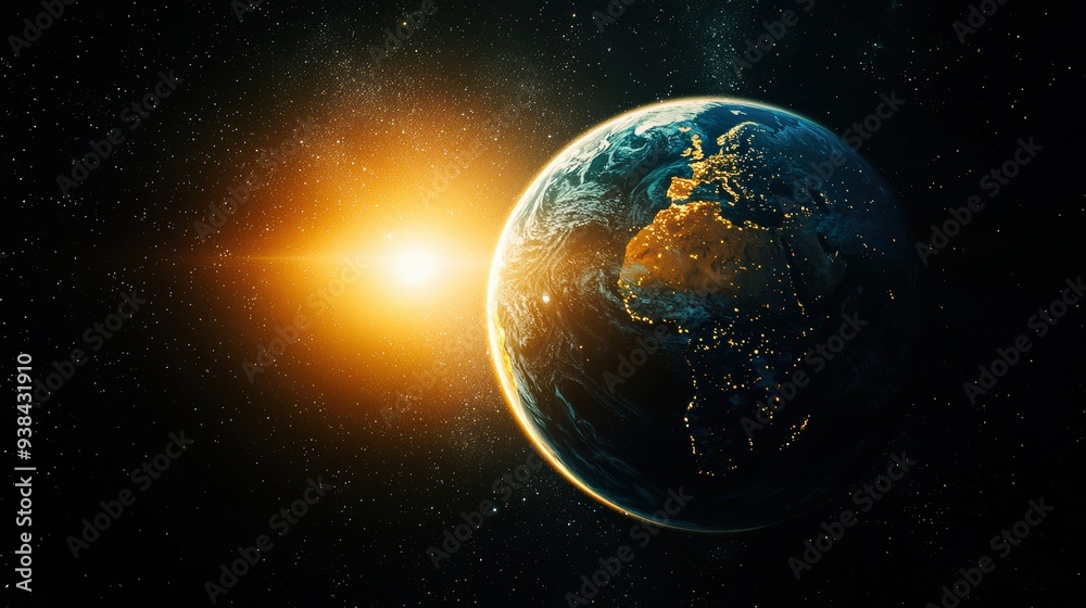 Obraz premium Realistic cosmic image of Earth rotating in space, with one half illuminated by the rising sun and the other half in darkness.