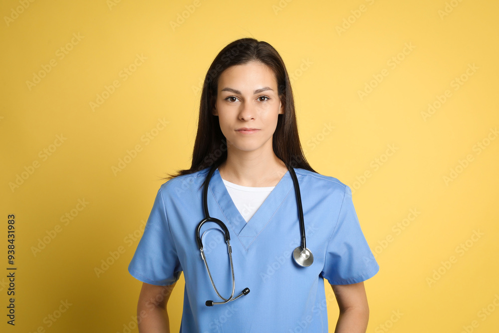 Portrait of beautiful nurse with stethoscope on yellow background Portrait of beautiful nurse with stethoscope on yellow background