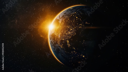 Realistic cosmic image of Earth rotating in space, with one half illuminated by the rising sun and the other half in darkness.