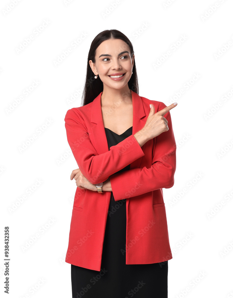 Beautiful woman in red jacket and black dress pointing at something on white background Beautiful woman in red jacket and black dress pointing at something on white background