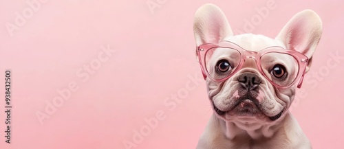 A charming French bulldog sporting stylish glasses against a pink background with space for text and copyspace